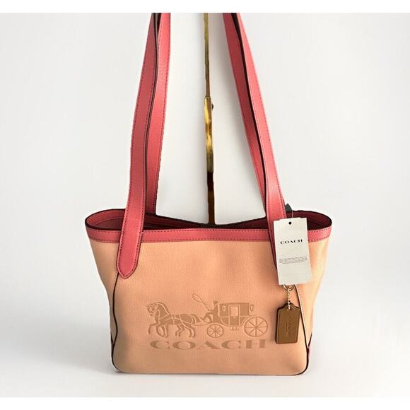 New Coach Leather Tote 27 Bag Pink Peach Blush C5775 Horse Carriage Colorblock - Picture 14 of 16